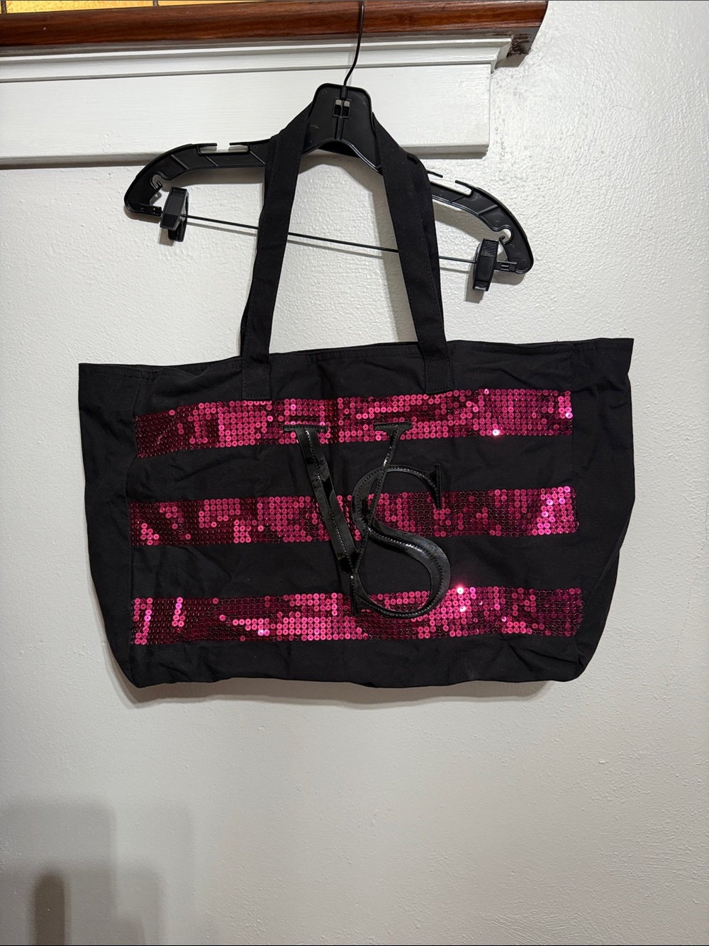 Victoria's Secret Black Tote with Pink Sequin Stripes